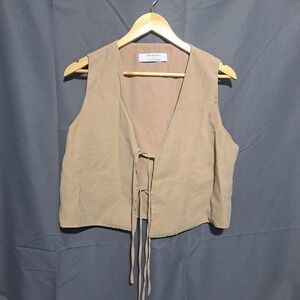 Primark Tie Front Sleeveless Vest LARGE Beige Boho-Chic Casual